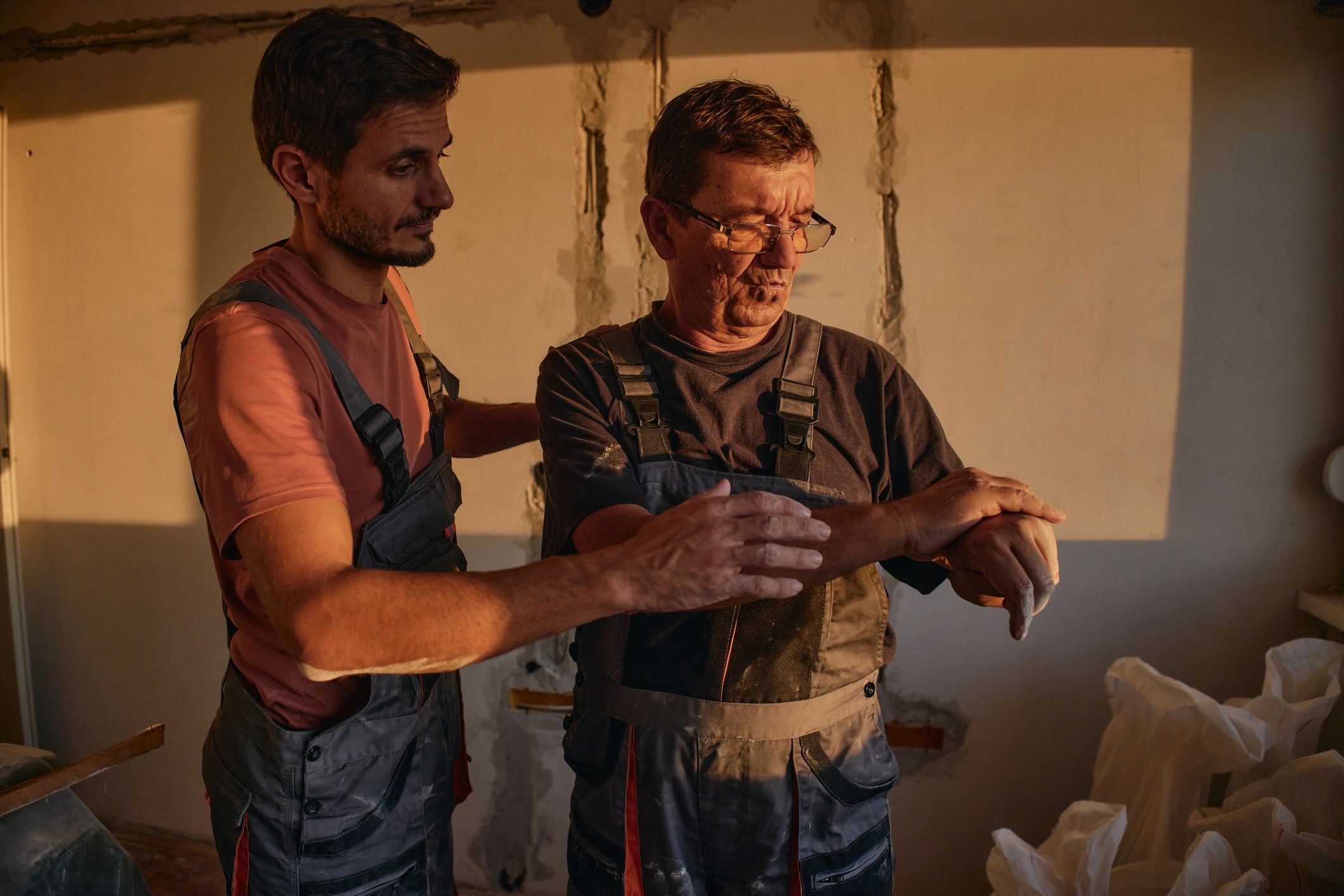 Two workers discussing plans during a home restoration project
